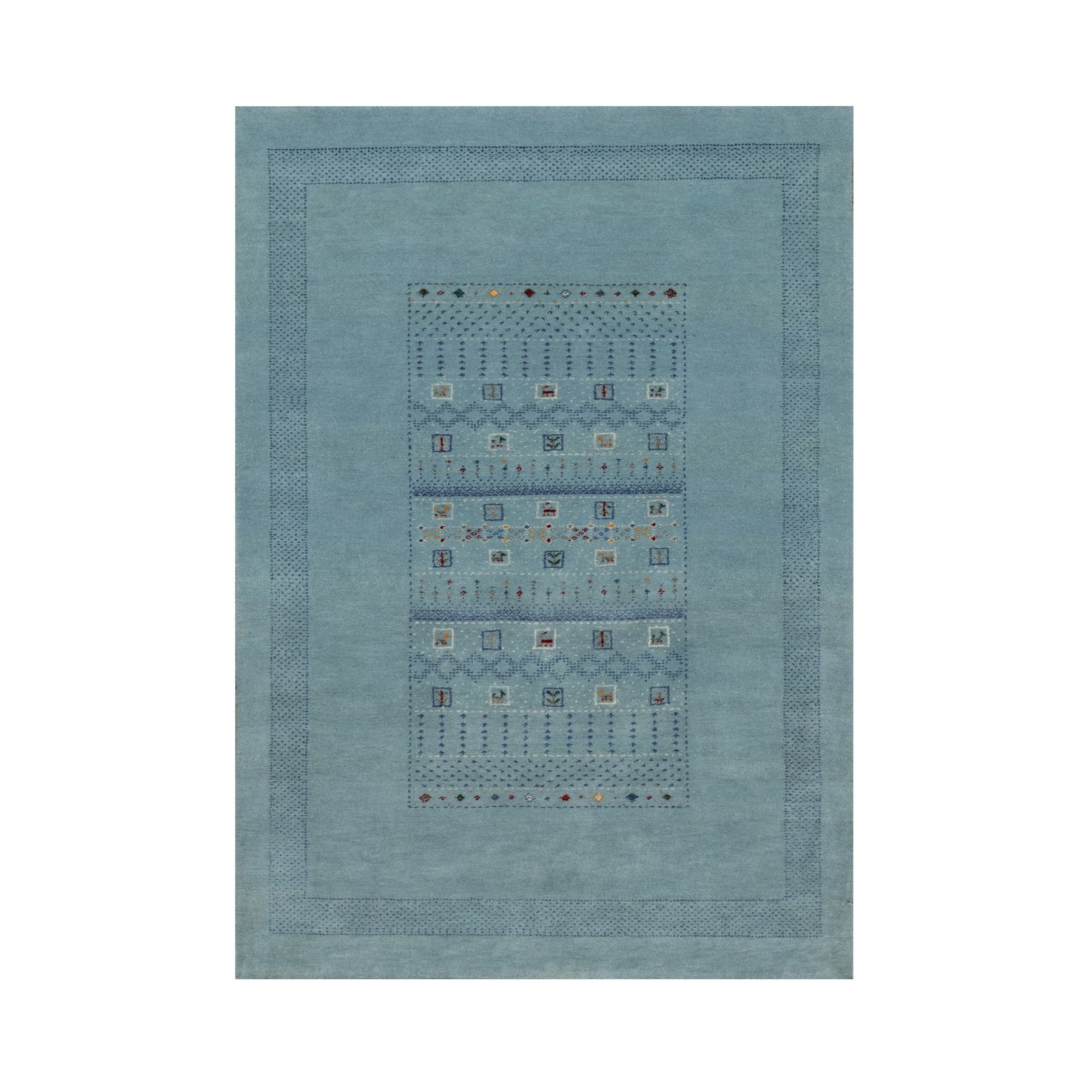 Cerulean Blue, Modern, Lori Buft Gabbeh with Small Animal Figurines, Thick and Plush, Pure Wool, Hand Knotted, Oriental Rug